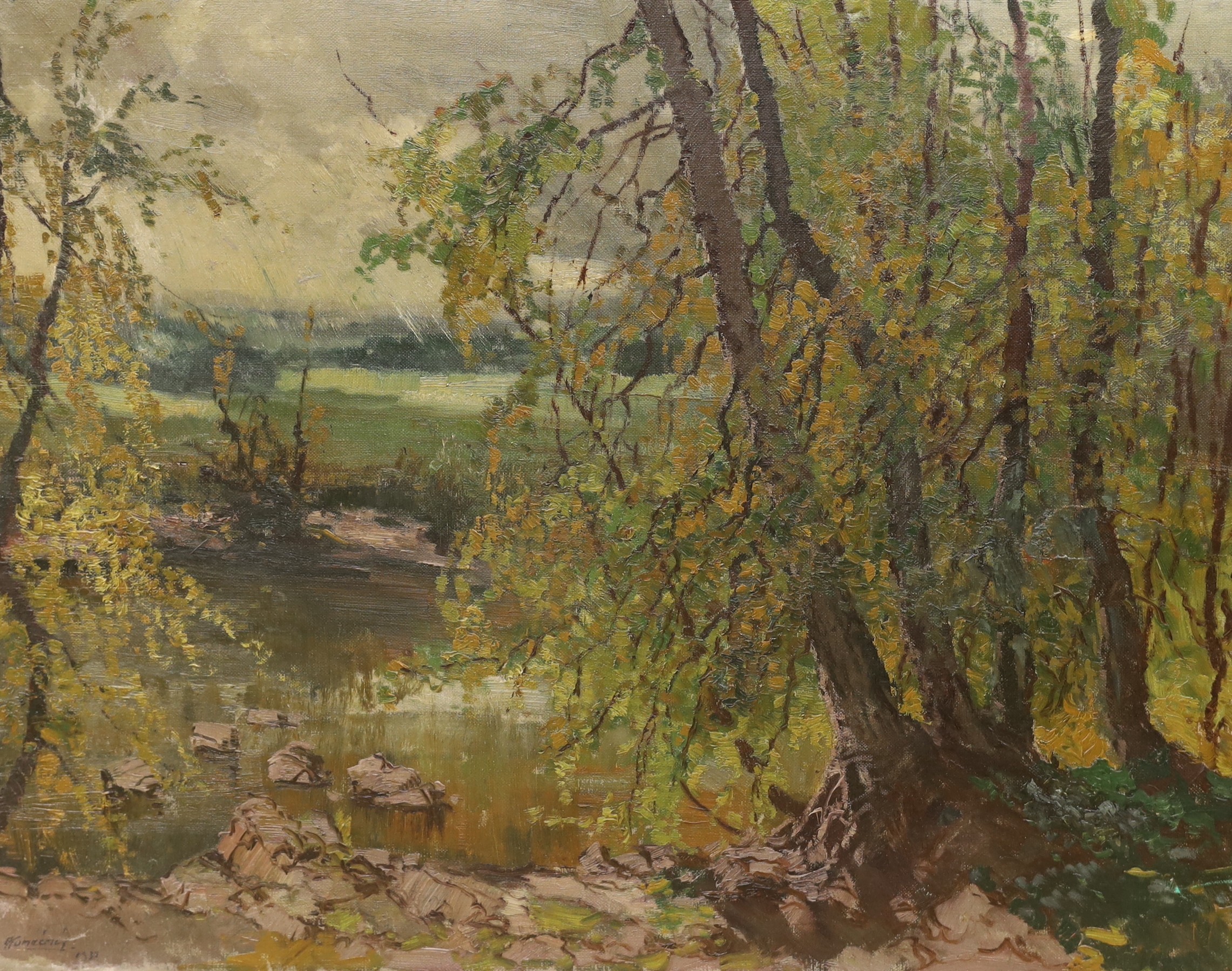 Josef Konecný (Czech, 1907-1989), oil on canvas, Trees on a river bank, indistinctly signed and dated 1937, 49 x 63cm, unframed